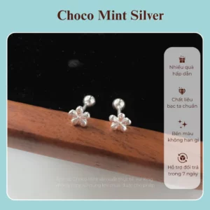 Khuyên tai chốt bi Choco Mint cỏ 4 lá đính 4 đá bi bạc ta