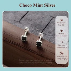 Khuyên tai bi bạc ta Choco Mint cỏ 4 lá đen bi