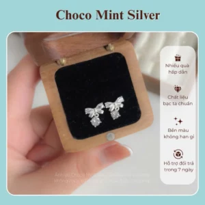 Khuyên tai bạc ta Choco Mint Silver hình nơ điệu đính đá giọt nước bự